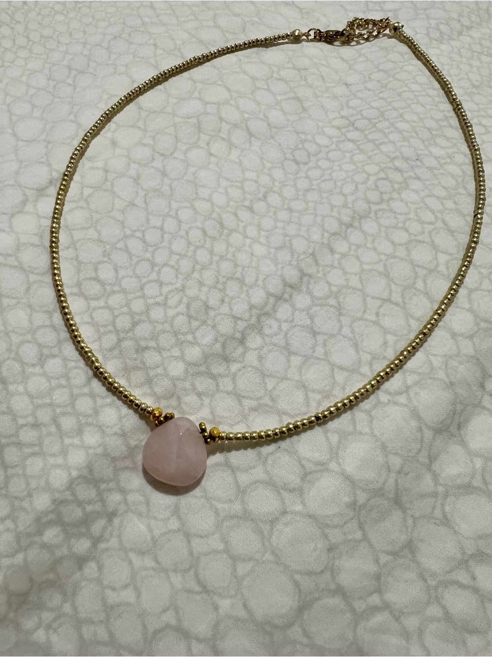 Handmade Gold Bead Necklace with Rose Quartz Pendant - Women's Jewelry